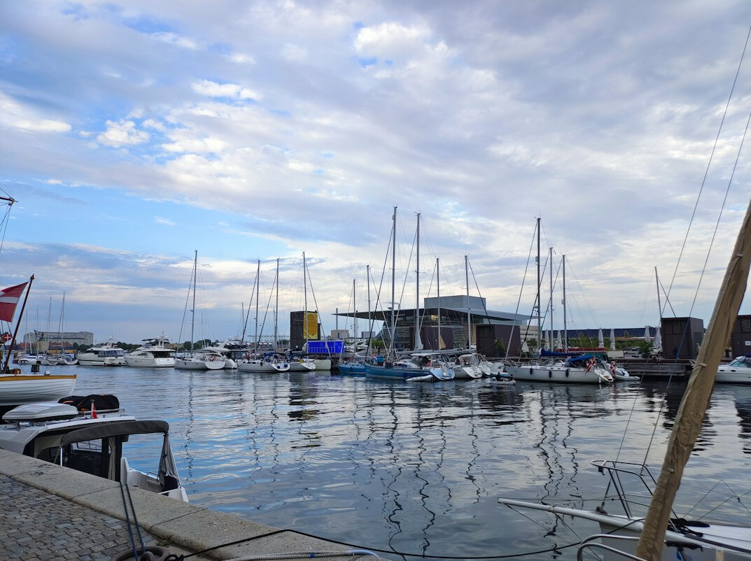Fishing boats docked at a Danish harbour at sunrise